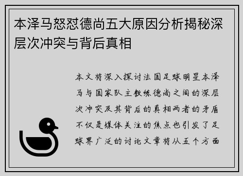 本泽马怒怼德尚五大原因分析揭秘深层次冲突与背后真相