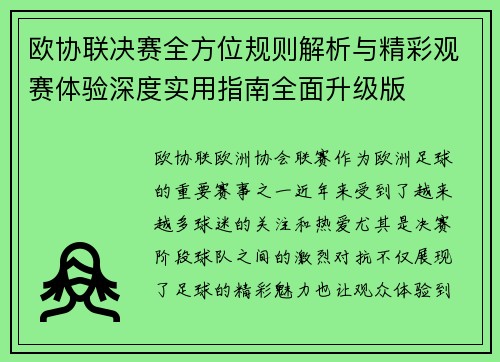 欧协联决赛全方位规则解析与精彩观赛体验深度实用指南全面升级版