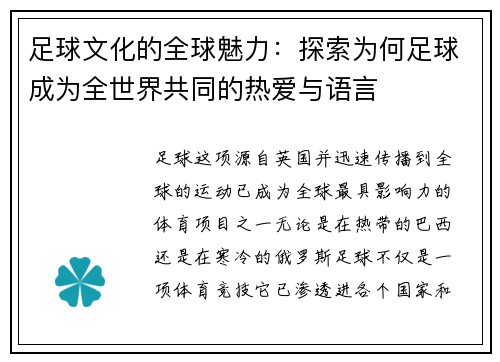 足球文化的全球魅力：探索为何足球成为全世界共同的热爱与语言